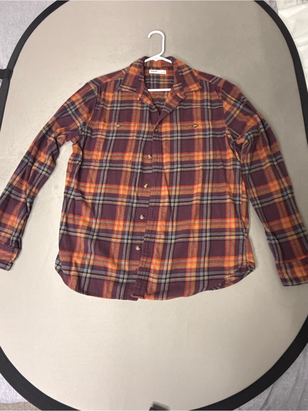 Sonoma Men's Plaid Button-Down Shirt in Burgundy and Orange